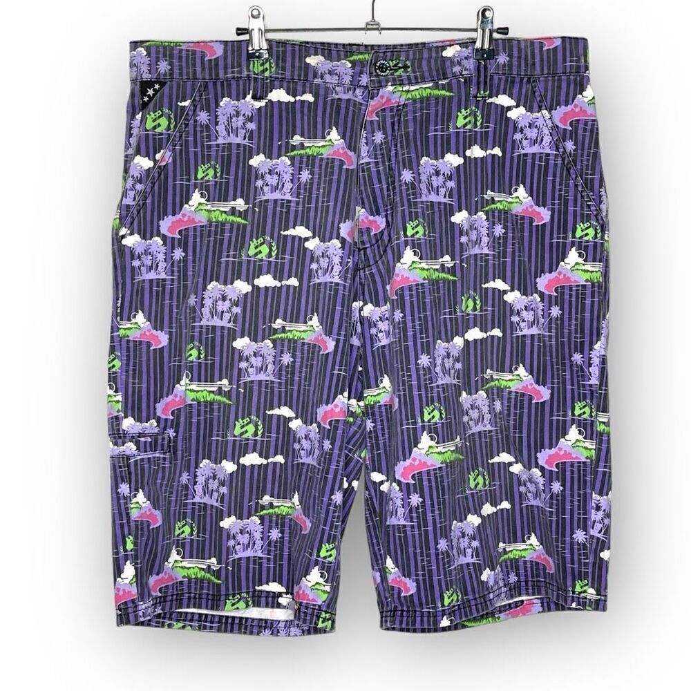 Vintage SHMACK Shorts 100% Cotton Purple Green Men’s Size 36 Palm Trees $ Signs